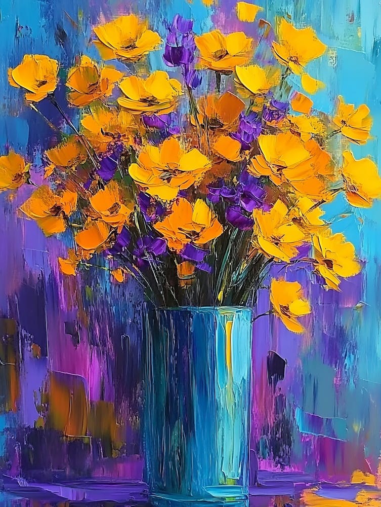 A Close Up Oil Painting Depicting A Bouquet Of Yellow And Purple Flowers Arranged In A Tall Blue Vase