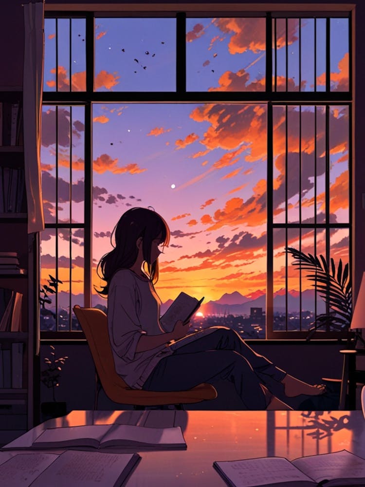 Anime Girl Reading At Sunset