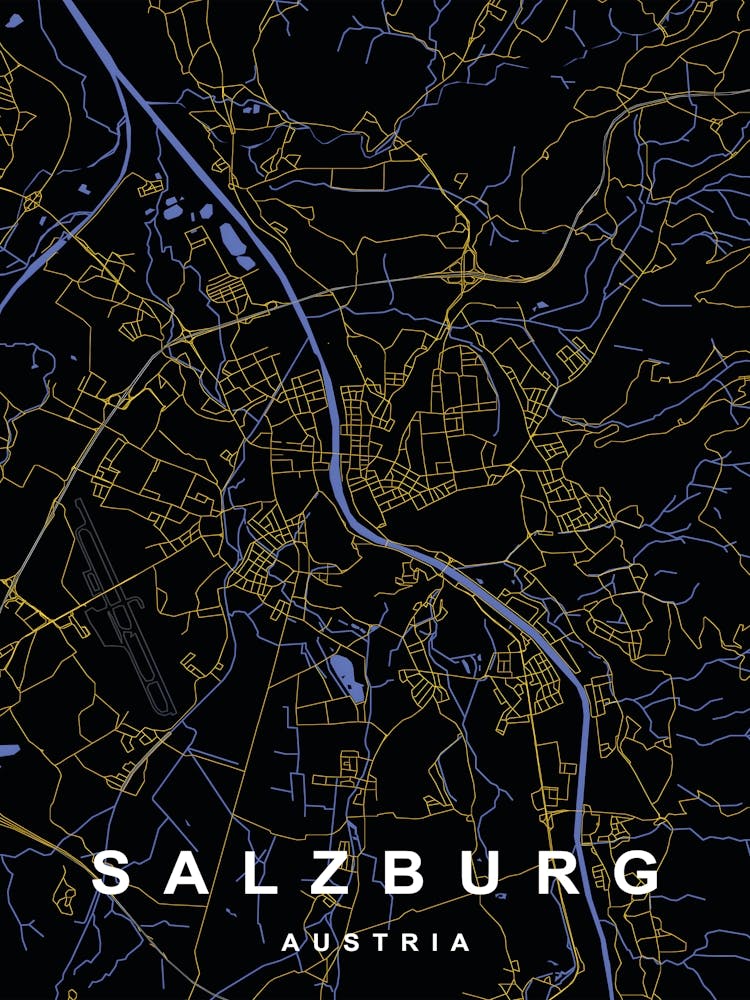 Salzburg Austria City Map Black and Gold
