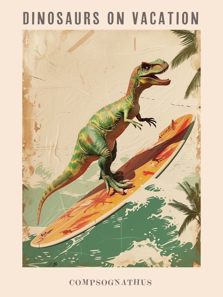 Vintage Compsognathus Dinosaur On A Surf Board 2 Poster