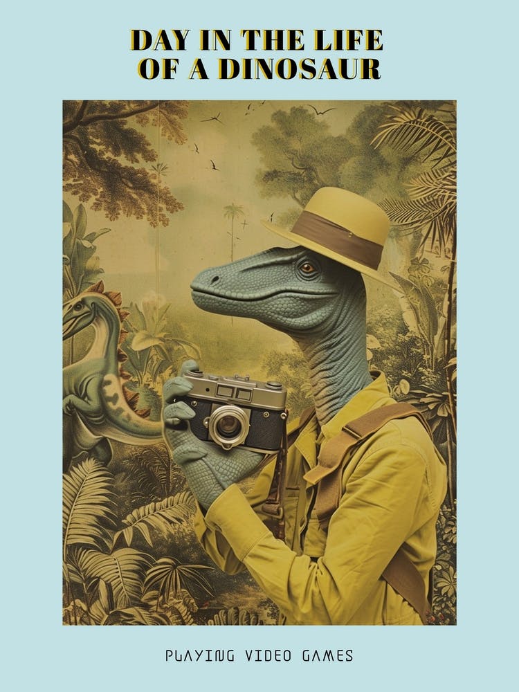 Retro Collage Dinosaur Taking A Photo On An Analogue Camera 3 Poster