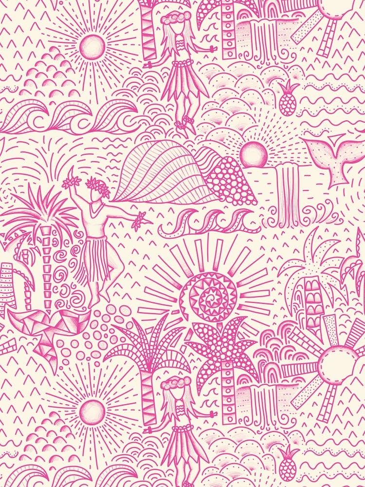 Hawaiian Toile Polynesian Hula Dance Tropical Landscape Hot Pink Cream White