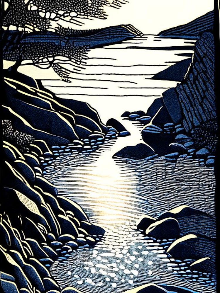 Water Over Stones In Sunlight Water Landscapes Waterscape Linocut 1