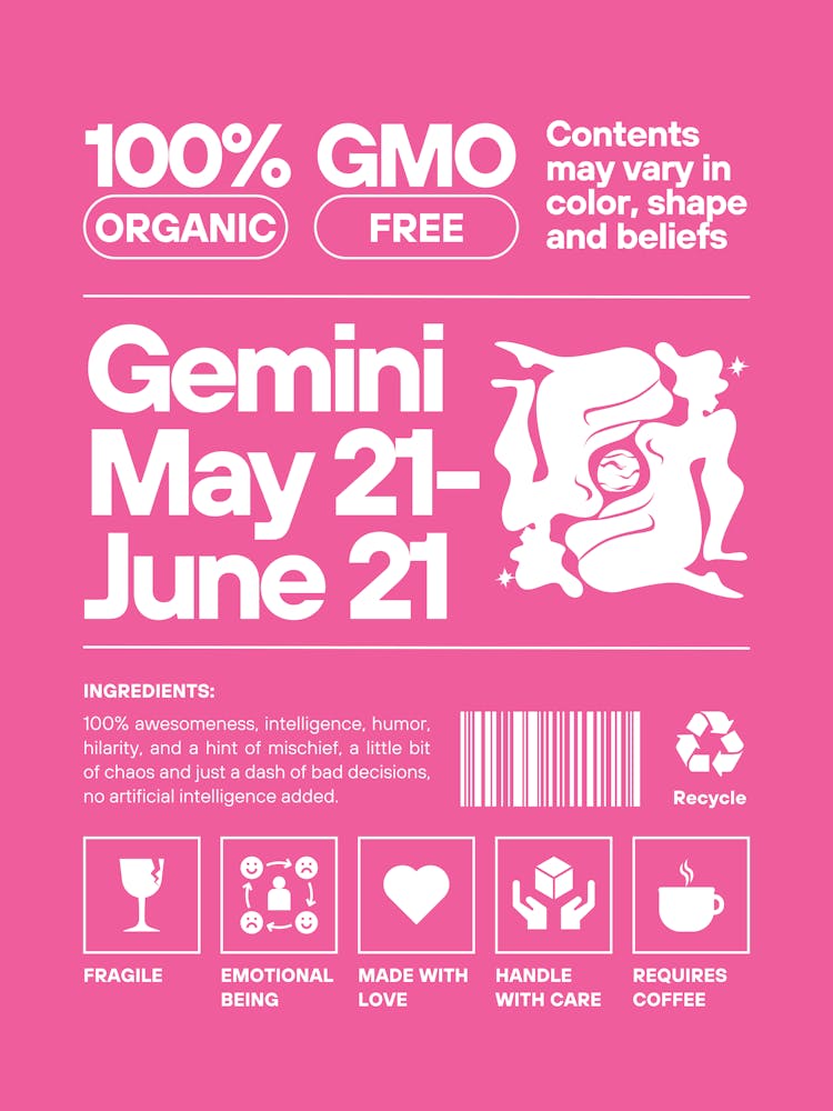 Gemini Wall Art | Gemini Nurtriton Facts Wall Art |Pink Zodiac Decor | Dorm, Office, Living Room, Bedroom, Apartment Wall Art | Trendy Preppy Colorful Maximalists |