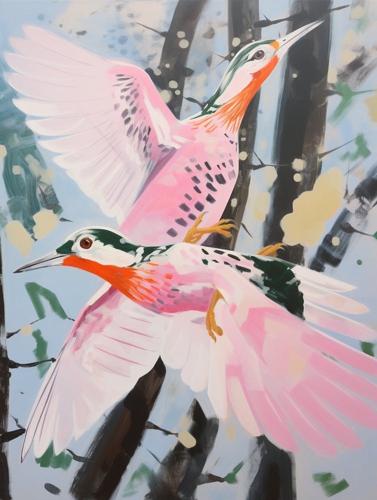 Pink Ethereal Bird Painting Woodpecker 2
