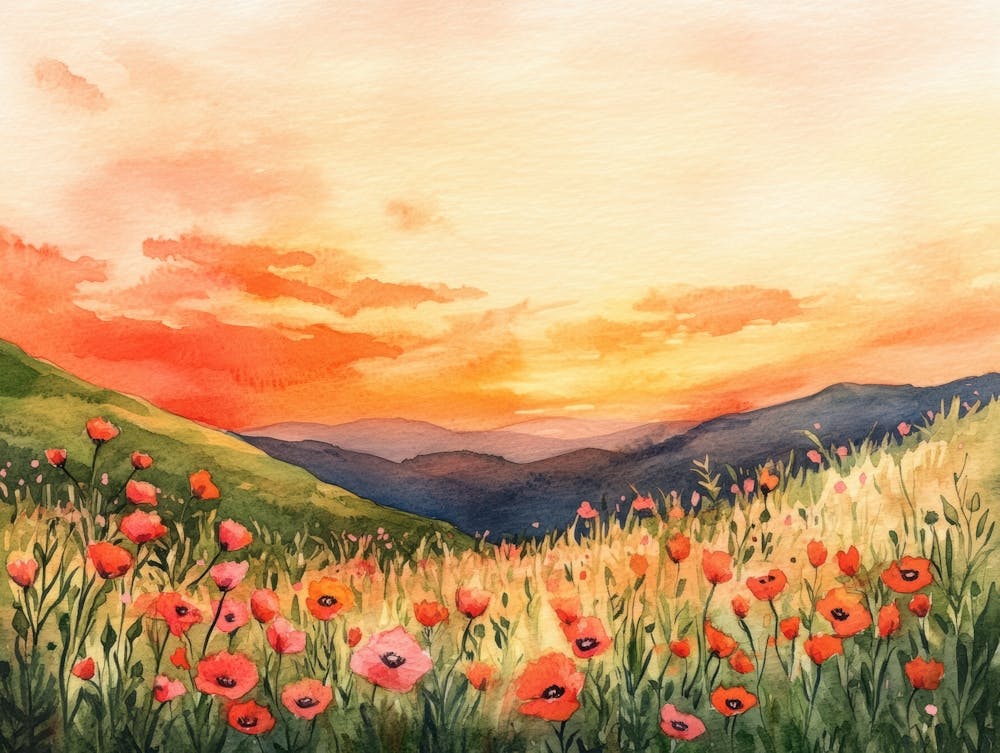 Aquarell Mohnblumen Bei Sonnenuntergang