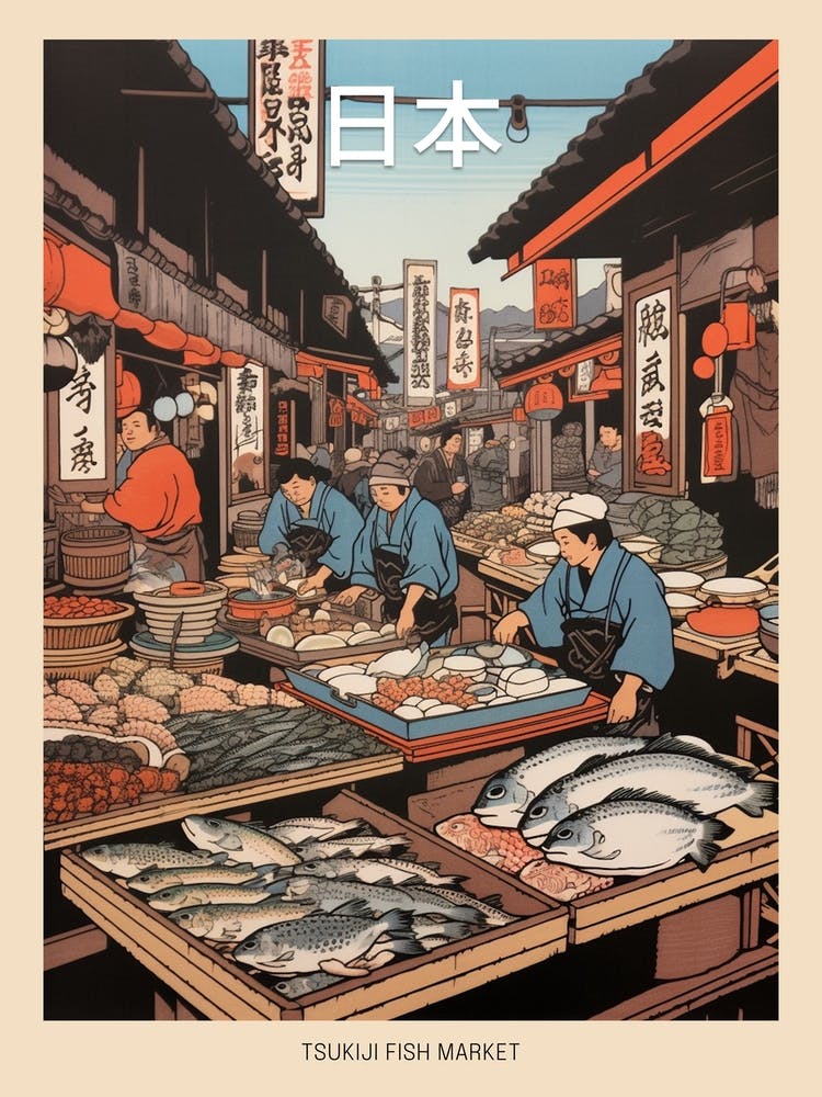 Tsukiji Fish Market, Japan Vintage Travel Art 3 Poster