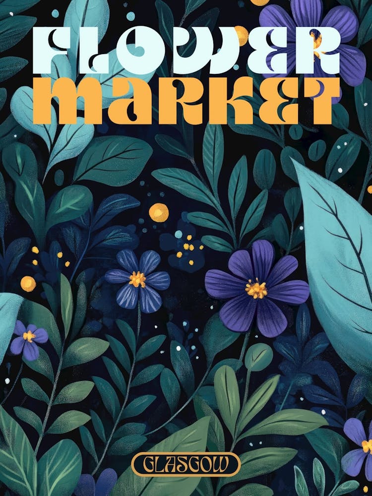 Glasgow Stadtdruck Blumenmarkt-Poster in dunklen Blautönen, florale Illustration im Retro-Ästhetik mit 70er-Jahre-Typografie, Vintage-Reisedrucke perfekt für eklektische Wohnzimmer, Schlafzimmer, Küchen, Eingangsbereiche