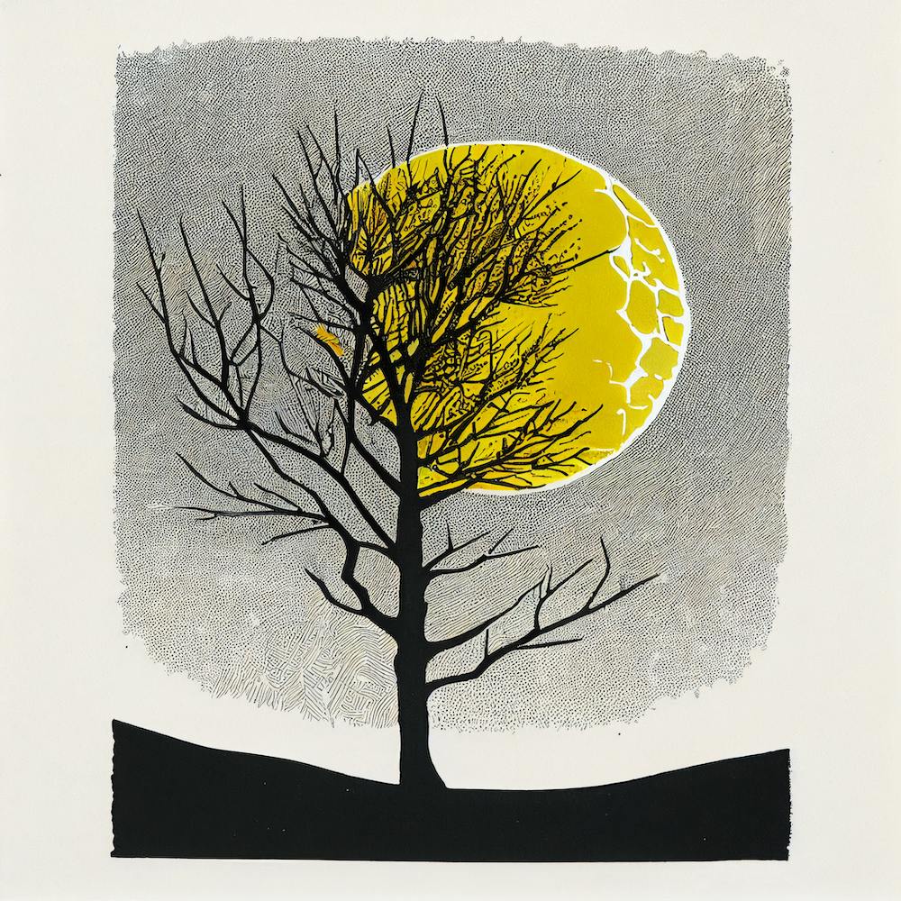 Minimalist Linocut Print Of A Tree