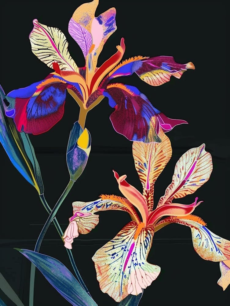 Neon Flowers On Black Iris 1