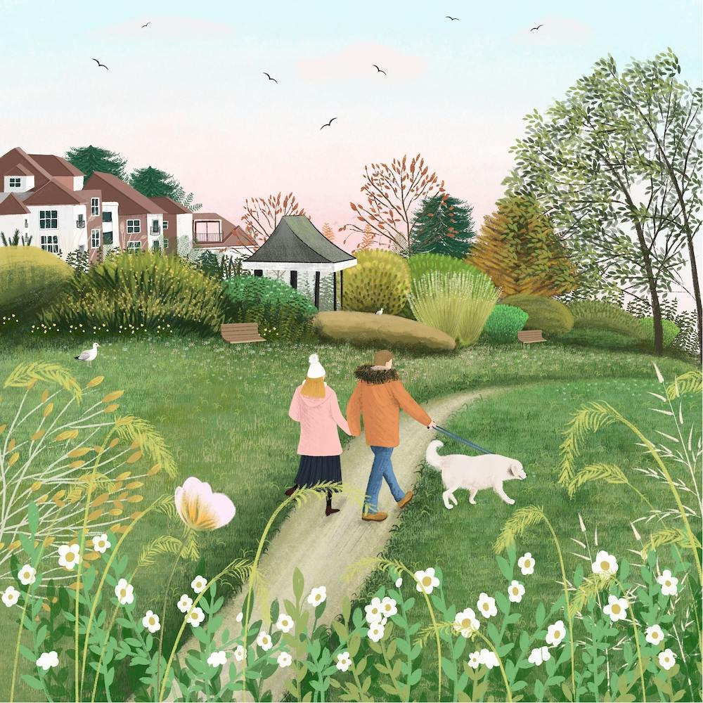 Walking Dog in the Garden Square