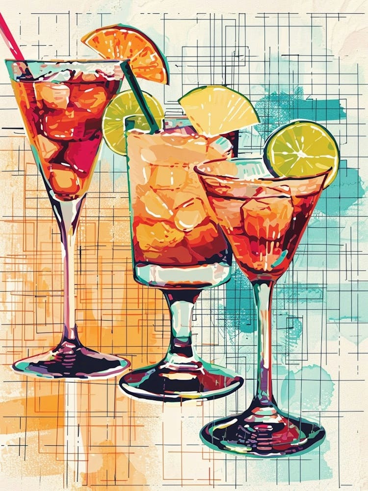 Selection Of Mai Tai Cocktails Linework Illustration