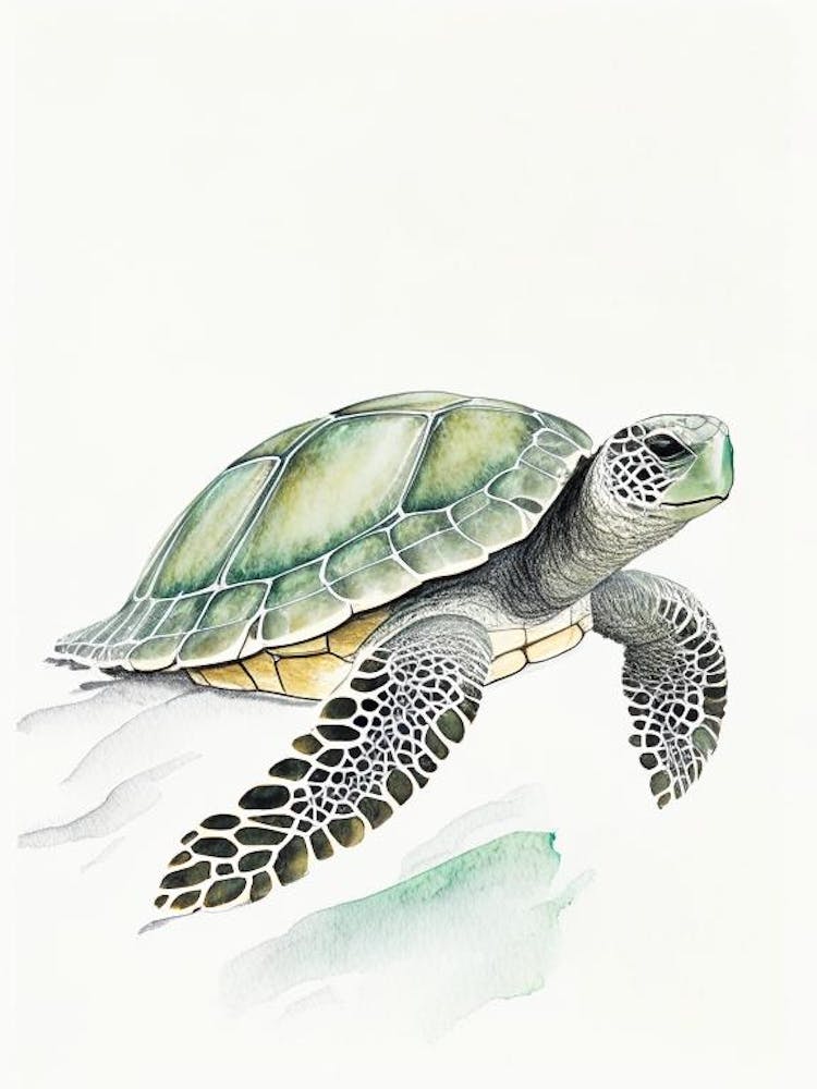 Olive Ridley Sea Turtle (Lepidochelys Olivacea), Sea Turtle Pencil Illustration 1