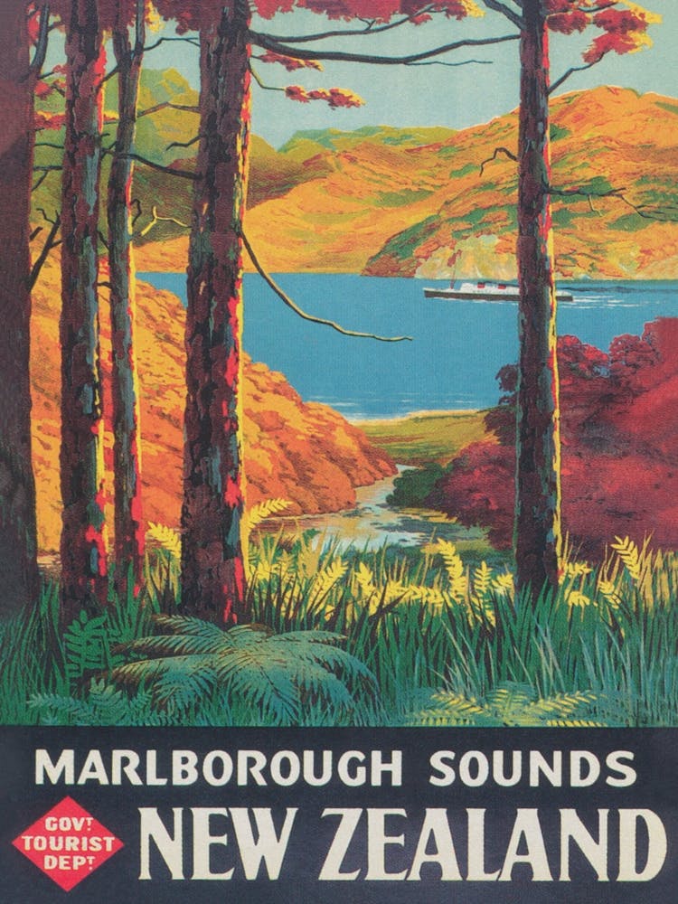 Marlborough Sounds New Zealand Vintage Travel Poster