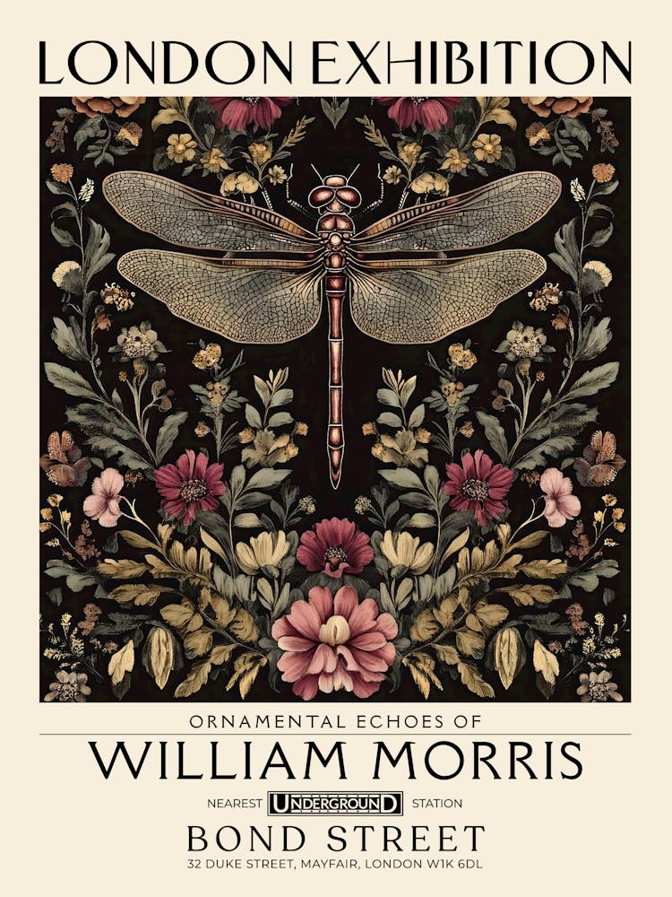 William Morris Dragonfly and floral artwork in Warm earth tones, insect and flower pattern dark academia library Botanical vintage print, living room vintage decor Floral tapestry Victorian nature art 3