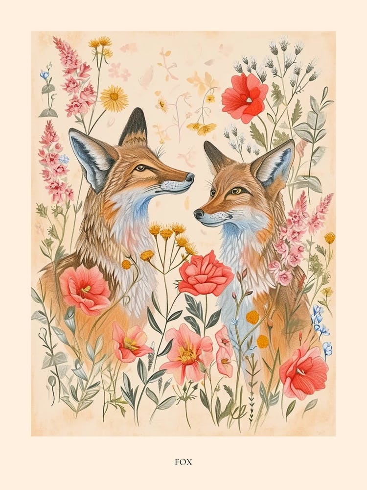 Folksy Floral Animal Drawing Fox 3 Poster