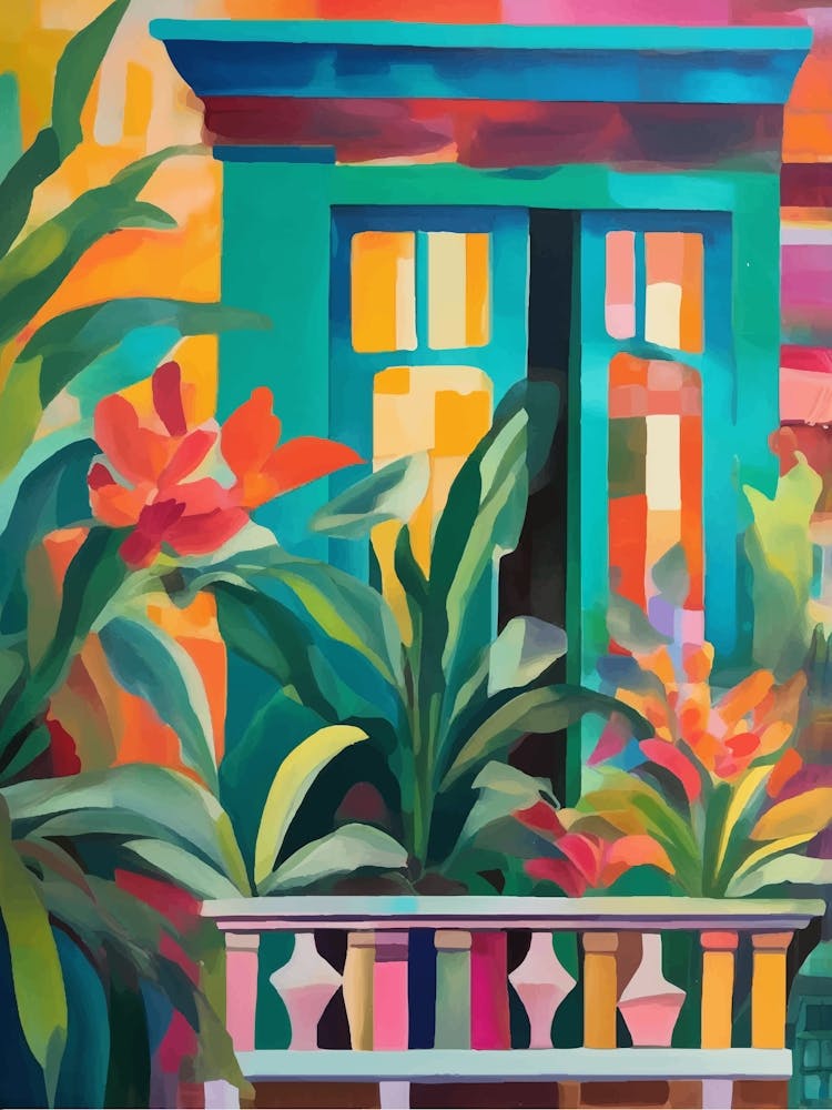 Window and balcony with tropical plants