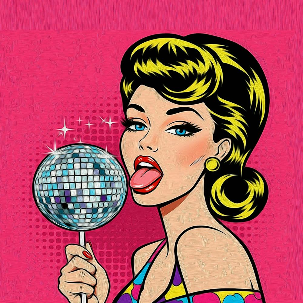 Woman licking a lollipop shape of a disco ball