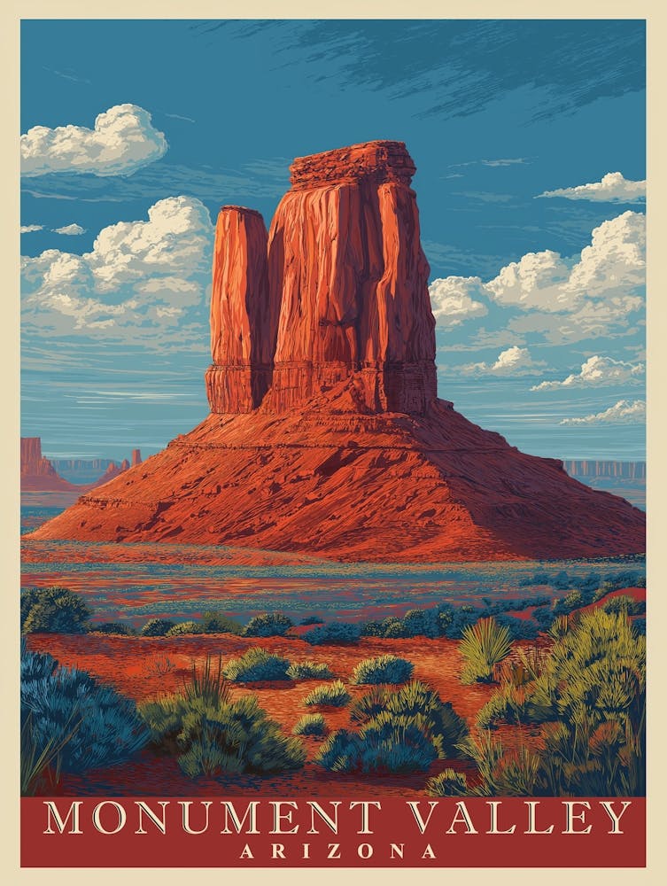 Vintage Travel Monument Valley Arizona Poster | WPA-Style Sandstone Buttes Art