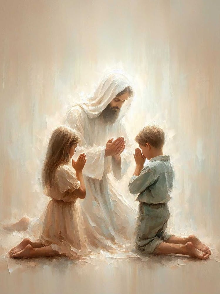 Safe With Him, Christian Art, Jesus With Kids, Jesus Children Prayer Art, Nursery Children Art, Digital Lds Art, Christian Prayer Painting