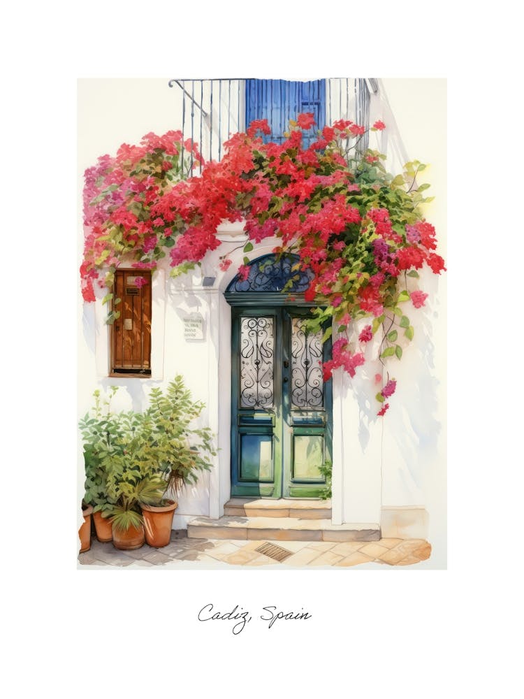 Cadiz, Spain   Mediterranean Doors Watercolour Painting 1 Poster