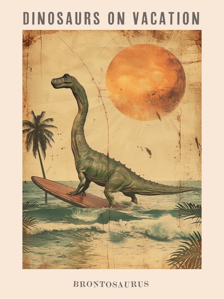 Vintage Brontosaurus Dinosaur On A Surf Board 3 Poster