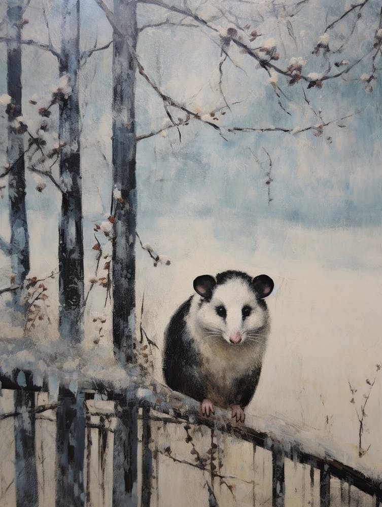 Vintage Winter Animal Painting Opossum