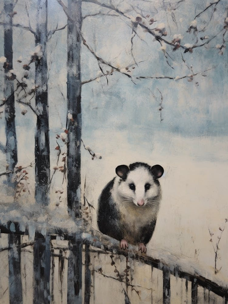 Vintage Winter Animal Painting Opossum