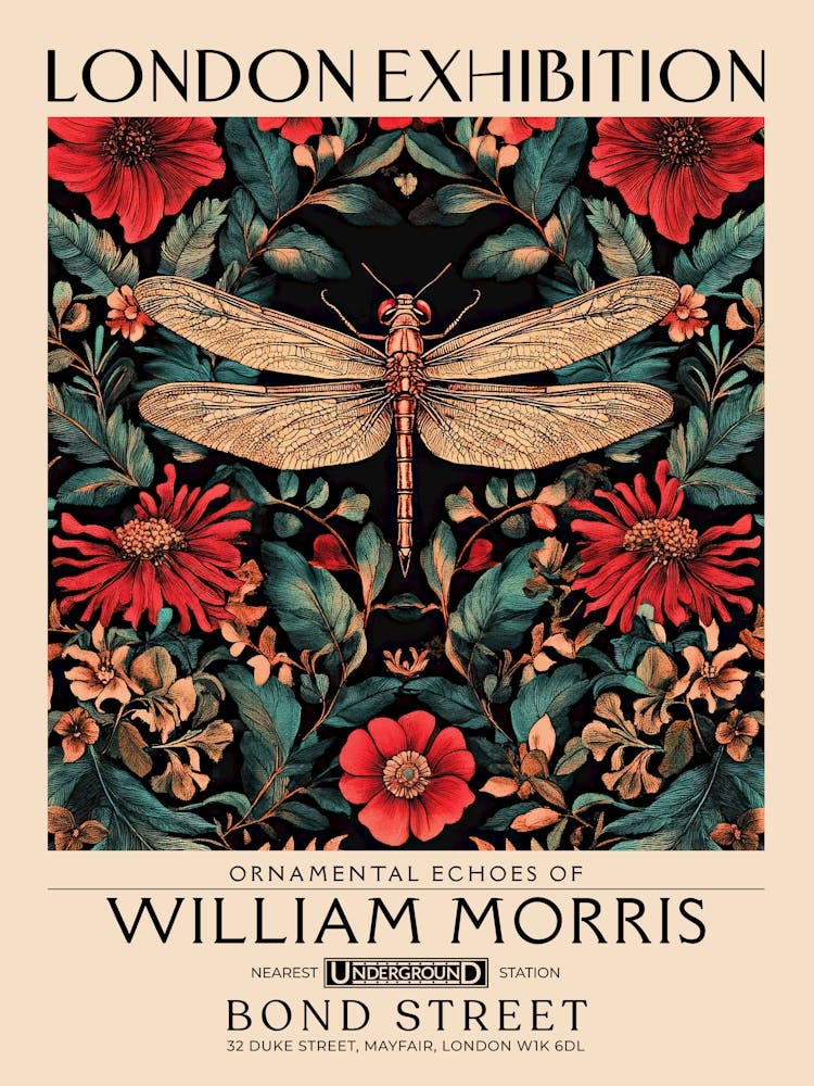 William Morris Dragonfly and floral artwork, insect and flower pattern vintage Botanical print for cottagecore, maximalist decor,floral tapestry Victorian nature illustration bedroom vintage decor 7