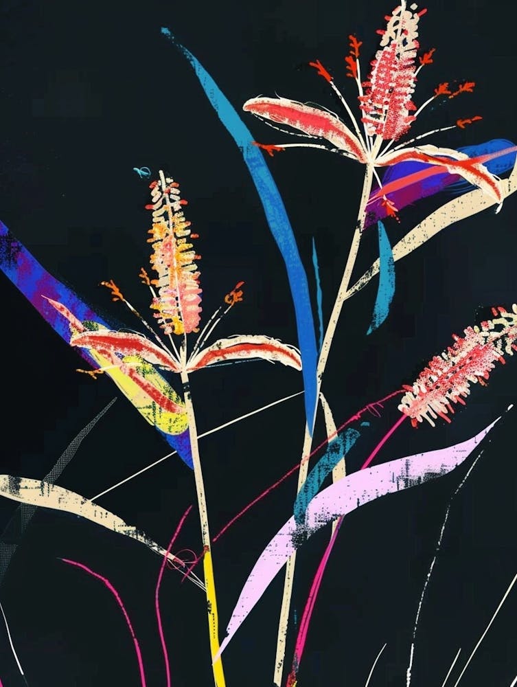 Neon Flowers On Black Fountain Grass 1