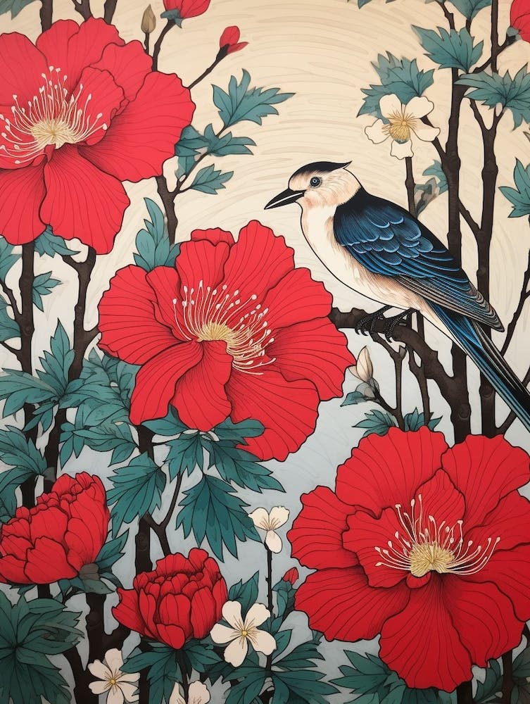 Red Camellia And Bird 2 Vintage Japanese Botanical