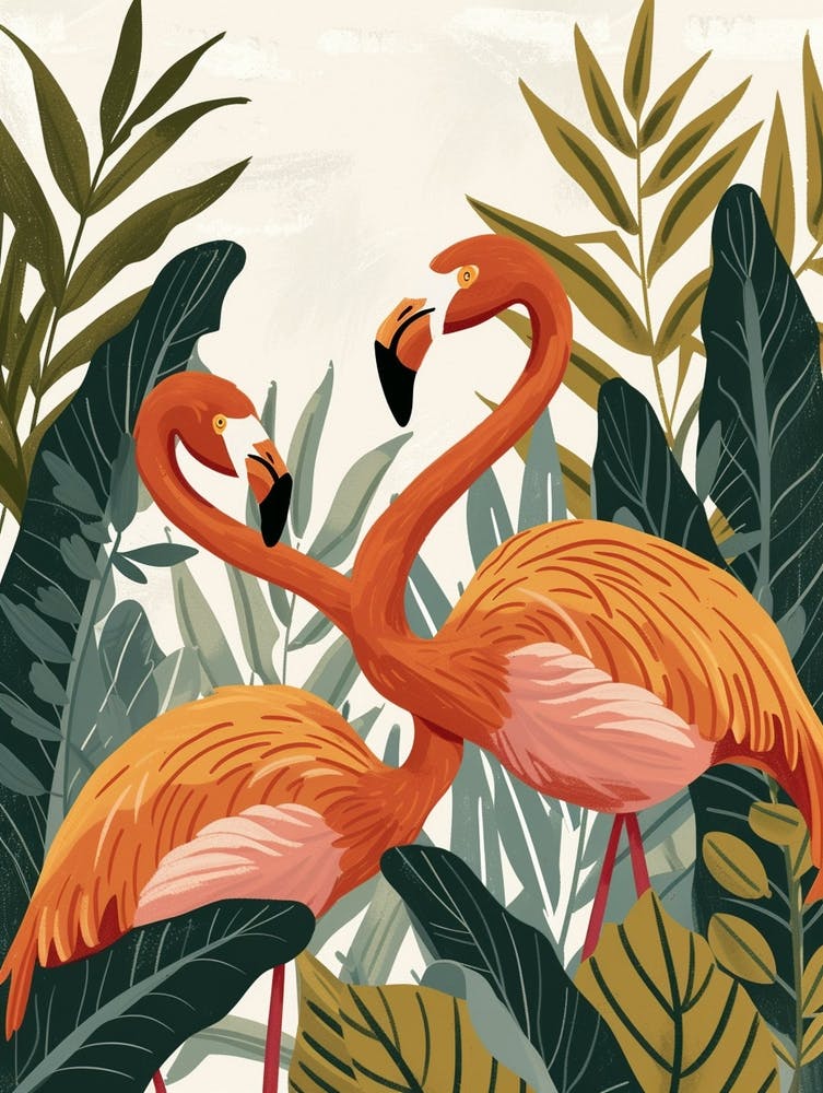 Andean Flamingo And Croton Plants Minimalist Illustration 2