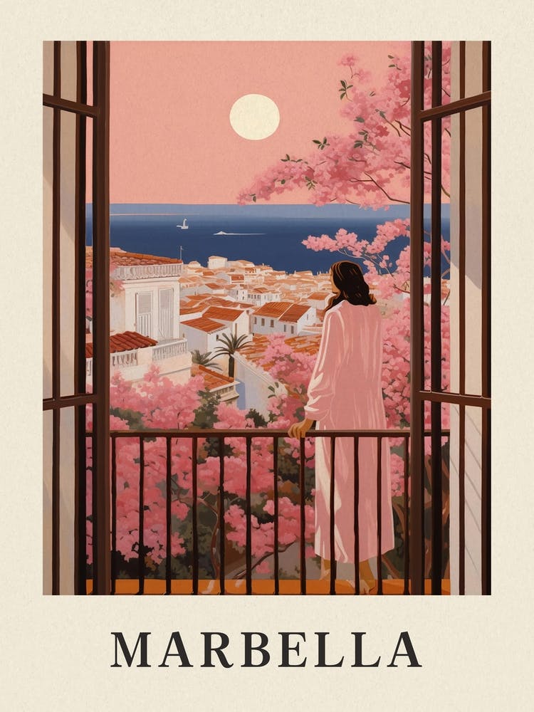 Marbella Spain 4 Vintage Pink Travel Illustration Poster