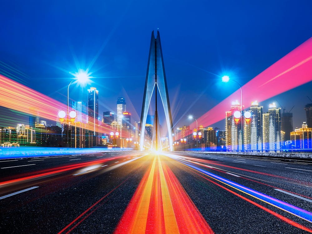 Neon city: China, blur motion cars (synthwave/vaporwave/retrowave/cyberpunk) — aesthetic poster