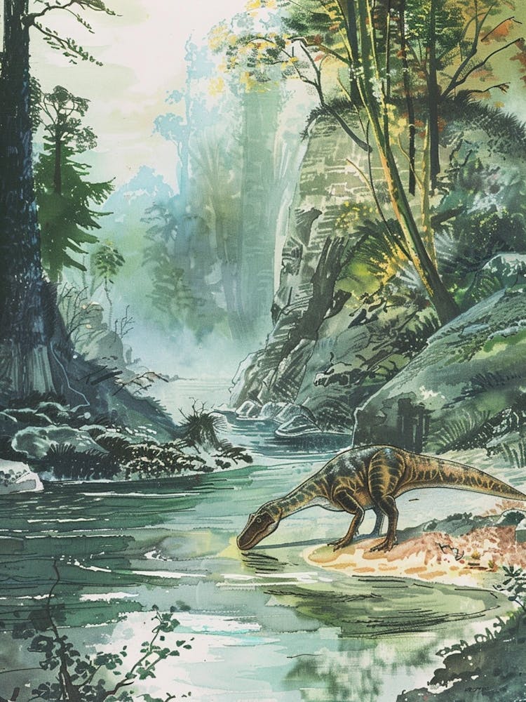 Dinosaur Drinking From A Watering Hole Watercolour Illustration 2