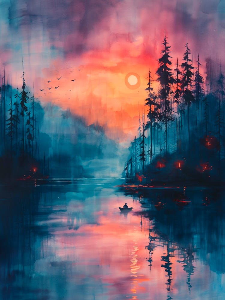 Watercolor Sunset On The Lake