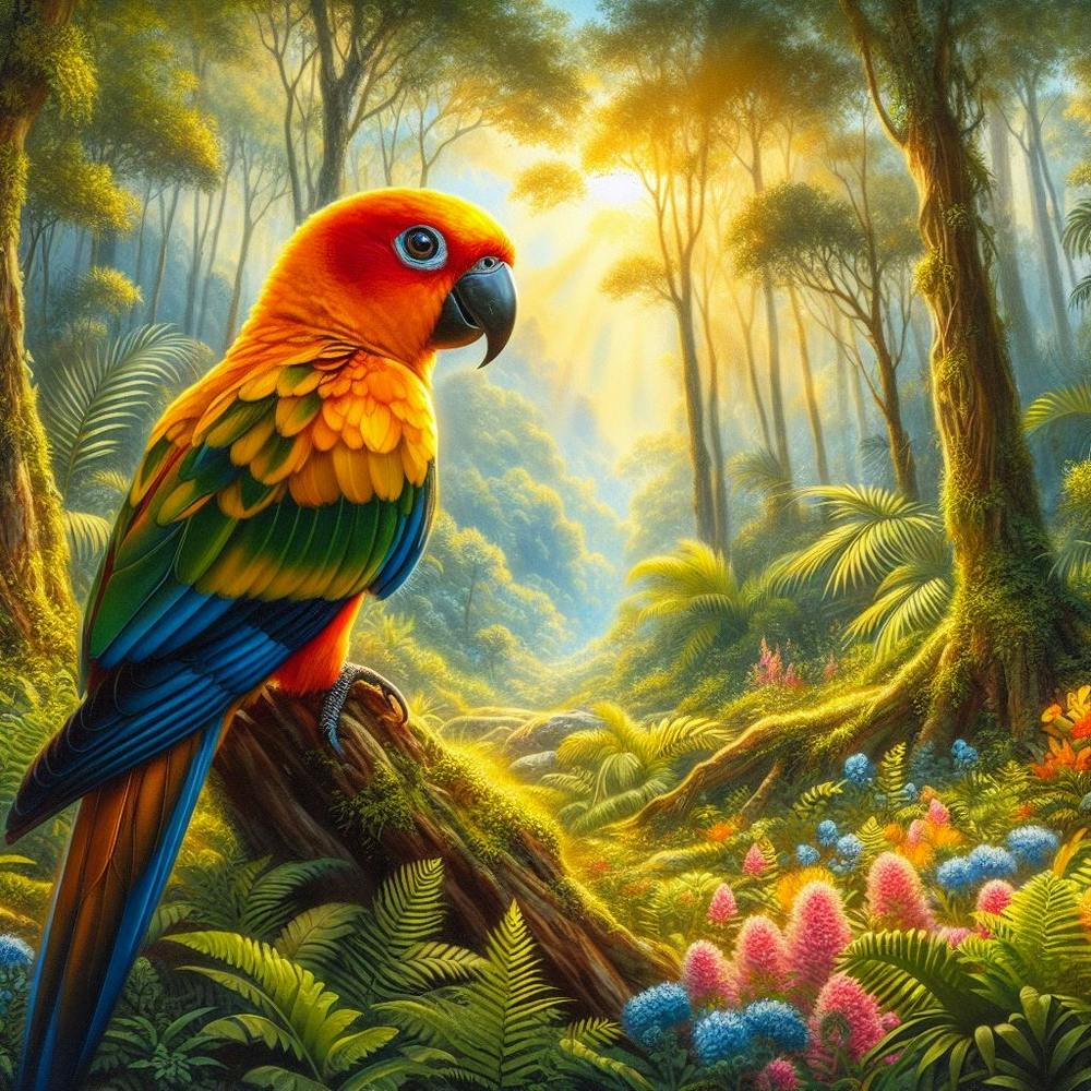 Sun Conure in Beautiful Forest 2