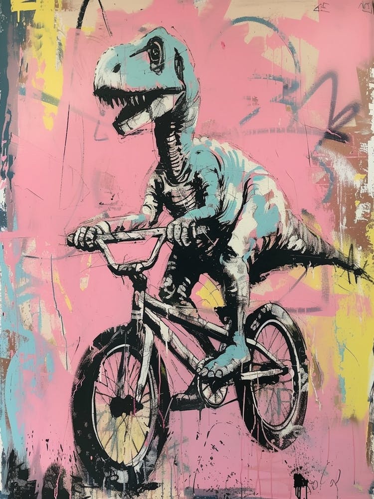 Dinosaur On A Bike Pink Purple Graffiti Style Illustration 2