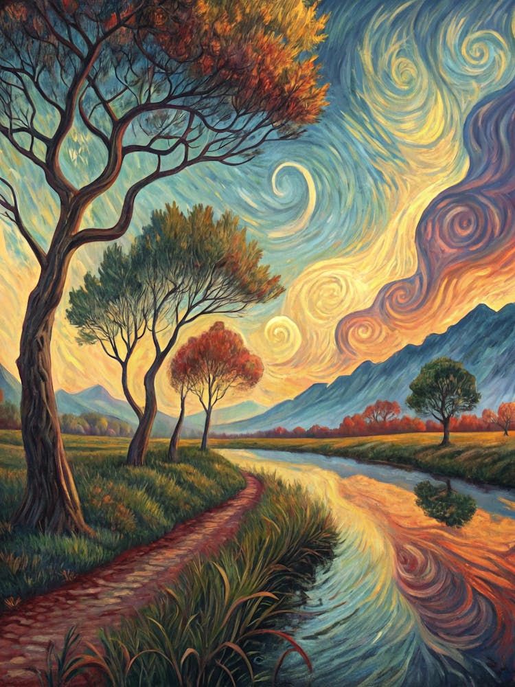 Lush Landscape with Flowing River A Surrealist Oil Painting In The Style Of Van Gogh