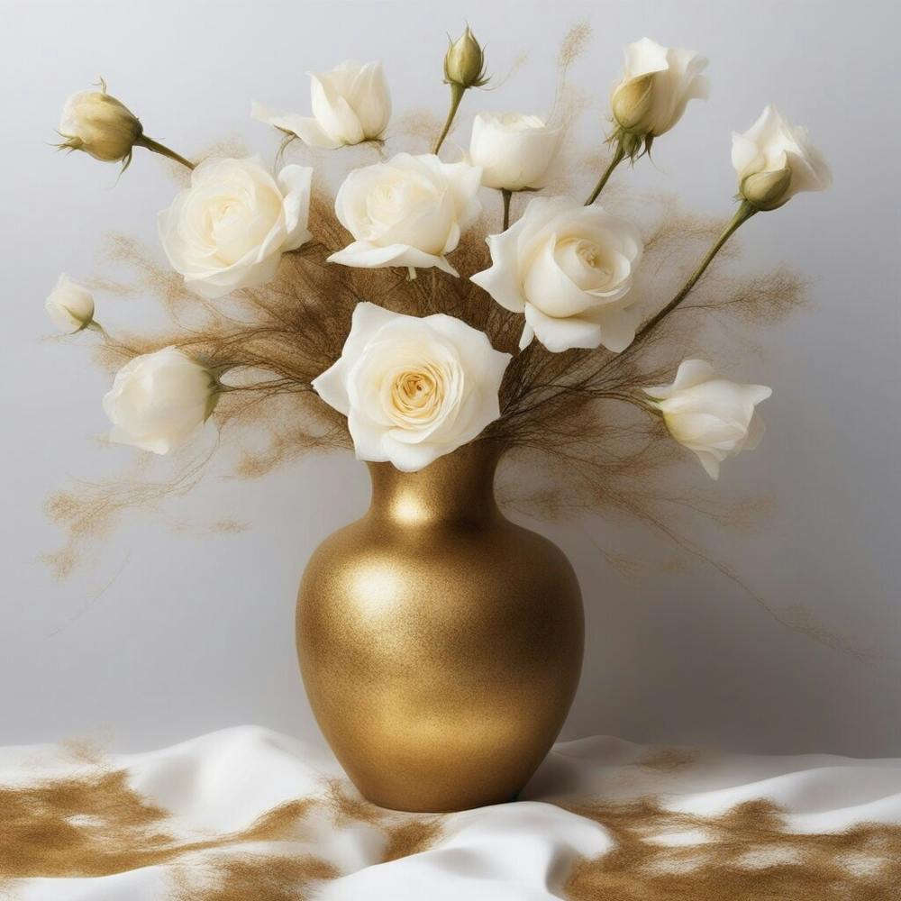 Vase Doré Aux Roses Blanches