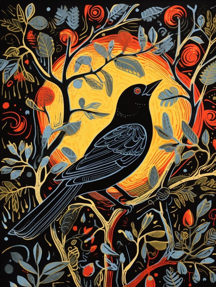Birds And Branches Linocut Style 9