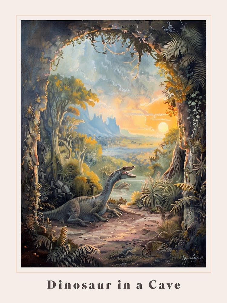 Dinosaur In A Cave At Sunrise Painting Poster