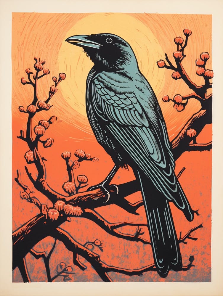 Vintage Bird Linocut Raven 3