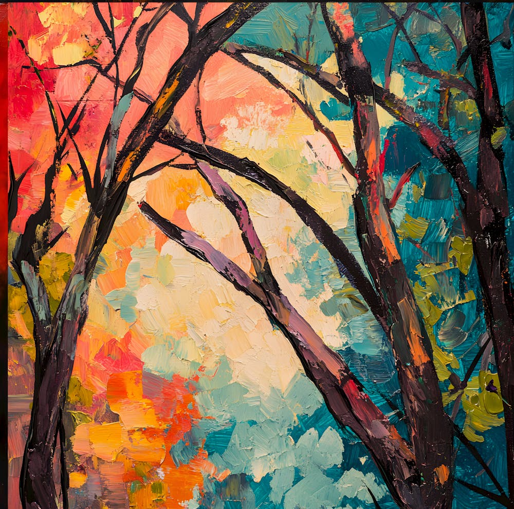 Abstract Nature Sunset – Colorful Tree Silhouettes Painting