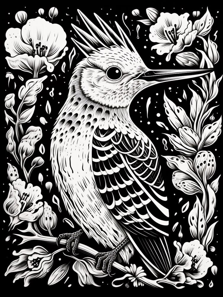 B&W Bird Linocut Hoopoe 4