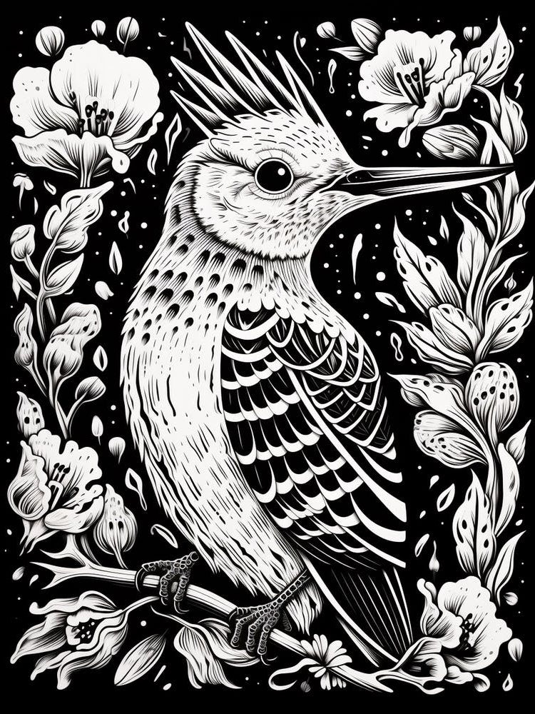 B&W Bird Linocut Hoopoe 4