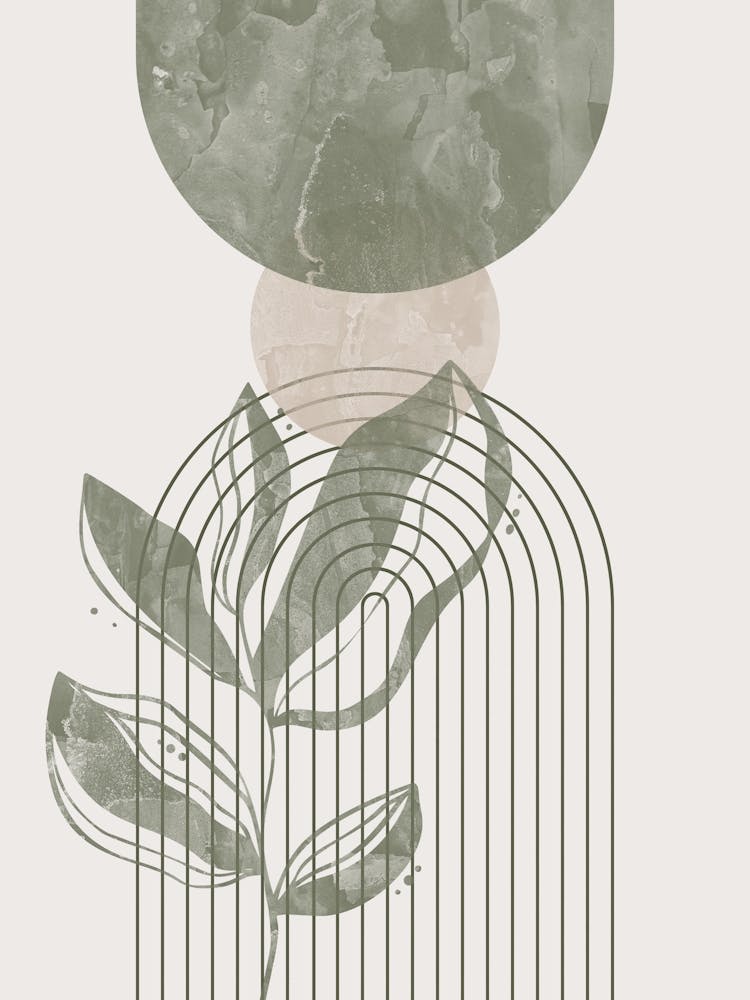 Boho Botanical Art, Sage Green and Beige Mid-Century Modern, Abstract Line