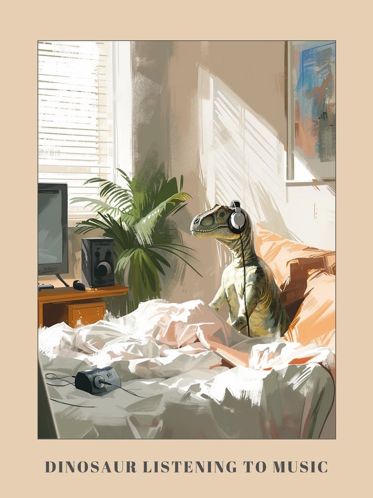 Dinosaur Listening To Music With Headphones In Bed 2 Poster