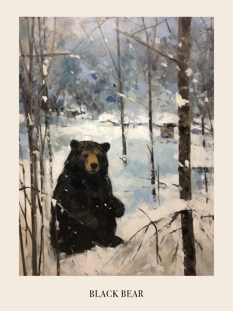 Vintage Winter Animal Painting Poster Black Bear 2