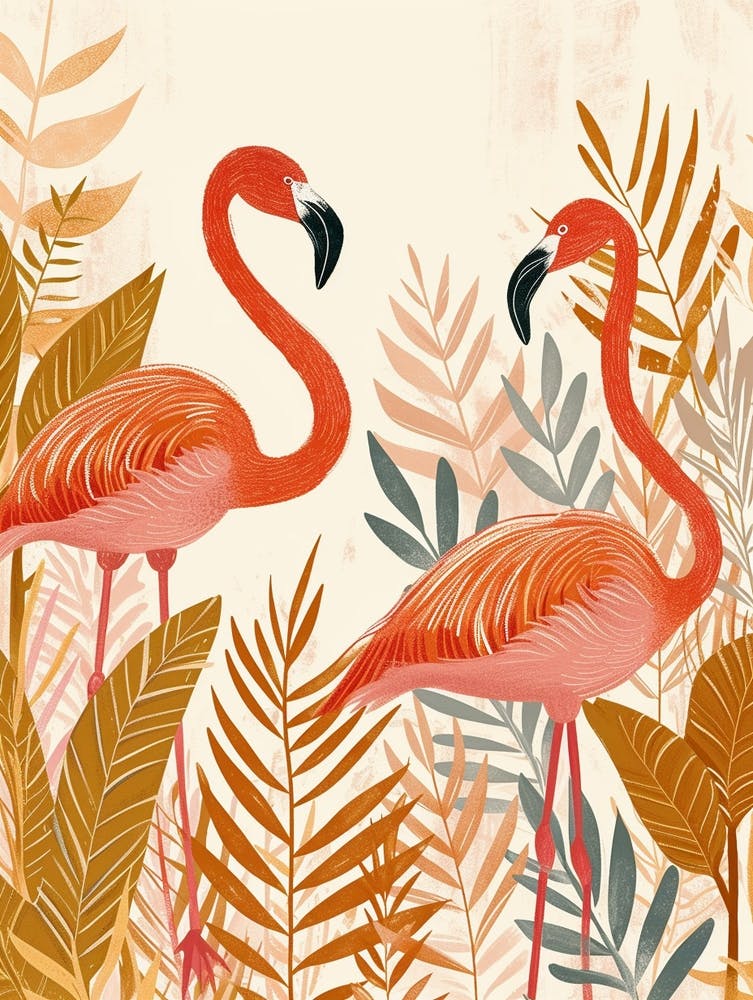 Lesser Flamingo And Croton Plants Minimalist Illustration 3